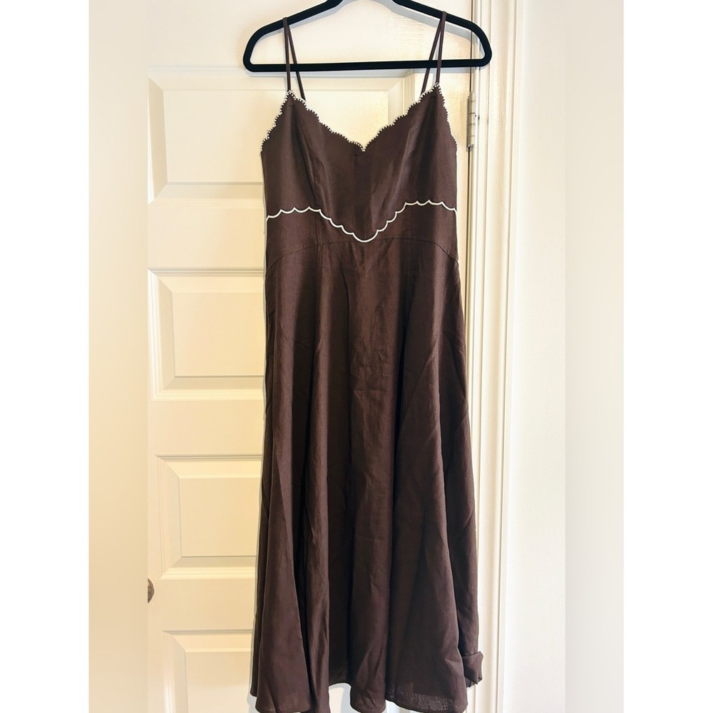 Tuckernuck Caroline Constas Scallop Linen Maxi Dress Chocolate Brown Medium NWT - Picture 3 of 5